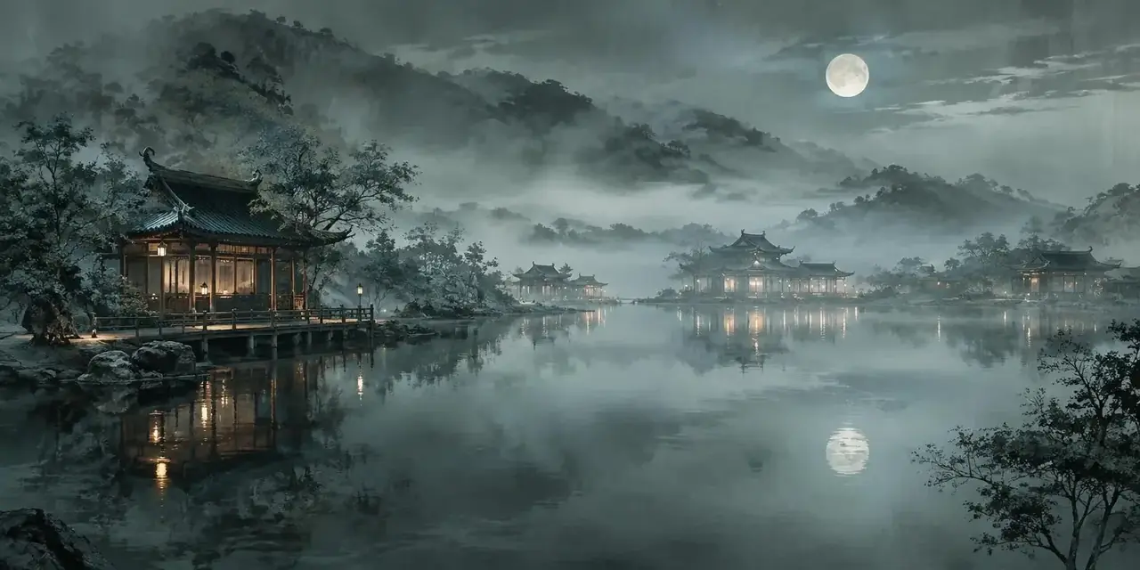 黄果新网热播专区背景，水墨月色水岸夜景